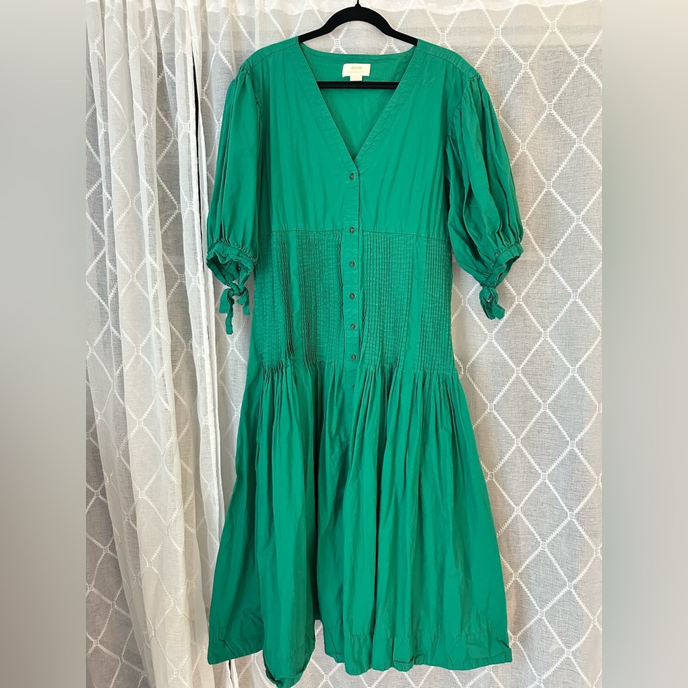 Anthropologie Green Midi Dress with Puff Sleeves